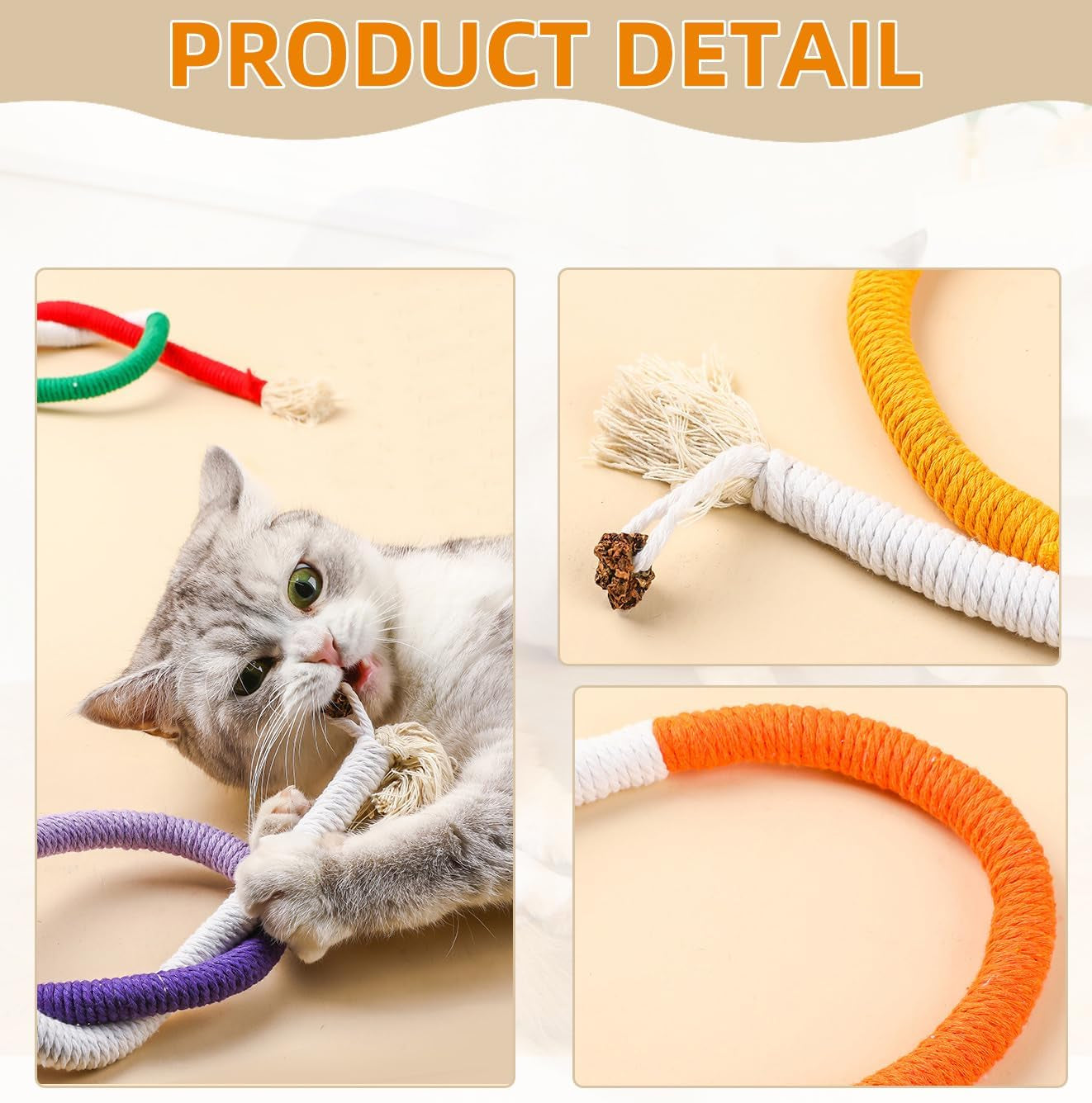 Petelligent 3-Pack Bent Cat Rope Toy, Pet Chew Toys, Interactive Tease Toys for Cats and Kittens, Bite-Proof Playthings, Cotton Rope Kitten Toys for Dental Care and Stress Relief, Pet Supplies