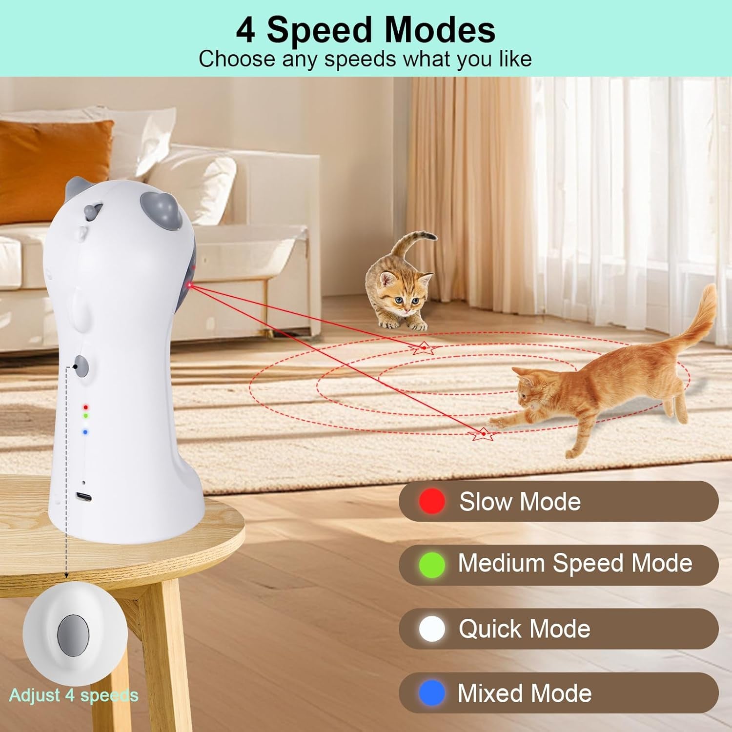 Tbteek Motion-Activated Interactive Cat Toy, USB Rechargeable Automatic Cat Toy with Rotating Light, 4 Speed Modes for Indoor Cats, Kittens & Dogs