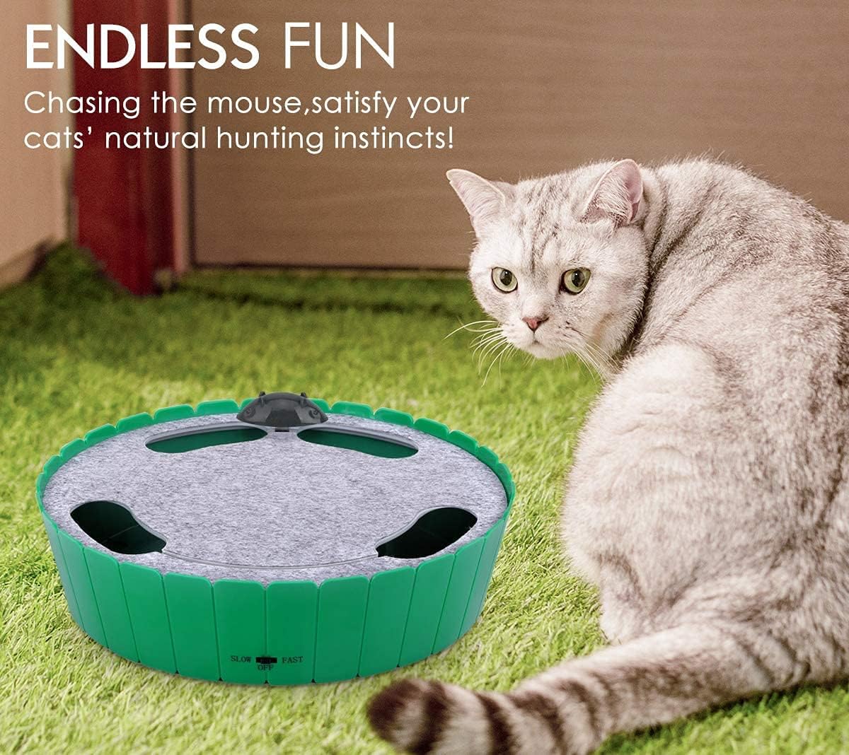 Interactive Electronic Cat Toy with Running Mouse - Automatic Teaser for Indoor Cats, Engaging Hide and Seek Play for Cats and Kittens, Green