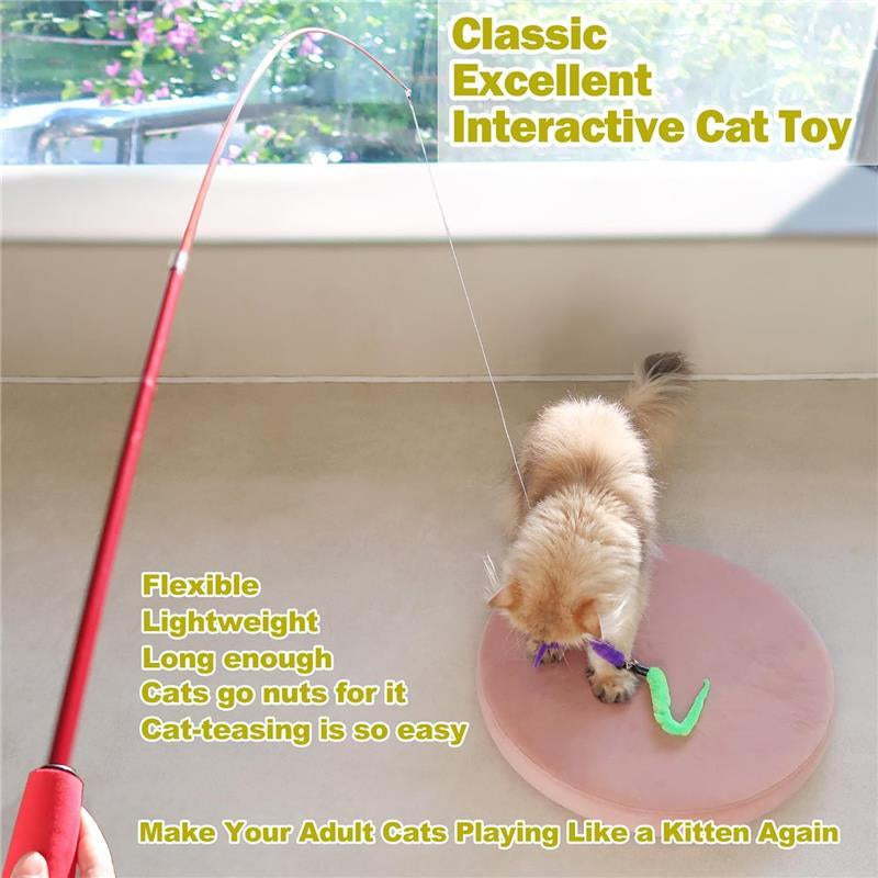 Interactive Feather Cat Toys Refills for Indoor Cats with 2 Cat Wands, 9 Feather Worms, and 2 Extra Strings