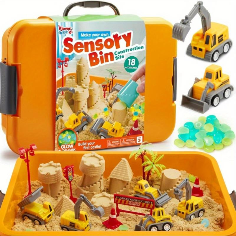 DIY Construction Sensory Bin for Kids with Glow in the Dark Stones and 5 Engineering Vehicles, Sandbox with Lid Castle Building Kit, Preschool Learning Activities, Christmas Gifts for Boys and Girls#Playdoh, #Diytoys, #Fashionkit, #Creativeplay
