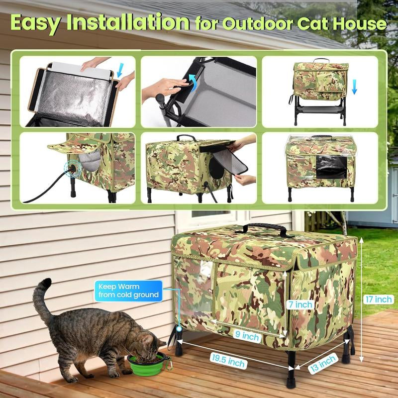 Heated Cat House for Outdoor Cats, 2 in 1 Waterproof for Winter& Summer Season, Safe Escape Door, Fully Insulated & Elevated outside Feral Heated Cat House Shelter for Stray Barn Cat Animal with Bowls,Cat Shelter