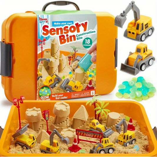 DIY Construction Sensory Bin for Kids with Glow in the Dark Stones and 5 Engineering Vehicles, Sandbox with Lid Castle Building Kit, Preschool Learning Activities, Christmas Gifts for Boys and Girls#Playdoh, #Diytoys, #Fashionkit, #Creativeplay