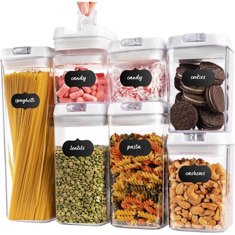 Airtight Storage Containers, Clear Plastic, Lid Lock, Stickers, Various Sizes, , Dry Storage Organization for Kitchen and Pantry, (Set of 7)