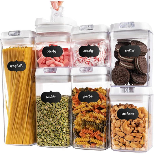 Airtight Storage Containers, Clear Plastic, Lid Lock, Stickers, Various Sizes, , Dry Storage Organization for Kitchen and Pantry, (Set of 7)