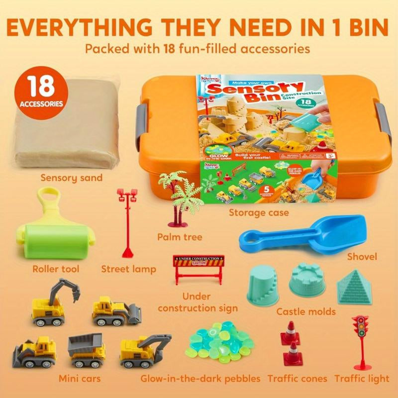 DIY Construction Sensory Bin for Kids with Glow in the Dark Stones and 5 Engineering Vehicles, Sandbox with Lid Castle Building Kit, Preschool Learning Activities, Christmas Gifts for Boys and Girls#Playdoh, #Diytoys, #Fashionkit, #Creativeplay