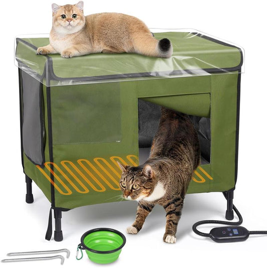 Heated Cat House for Outdoor Cats, 2 in 1 Waterproof for Winter& Summer Season, Safe Escape Door, Fully Insulated & Elevated outside Feral Heated Cat House Shelter for Stray Barn Cat Animal with Bowls,Cat Shelter