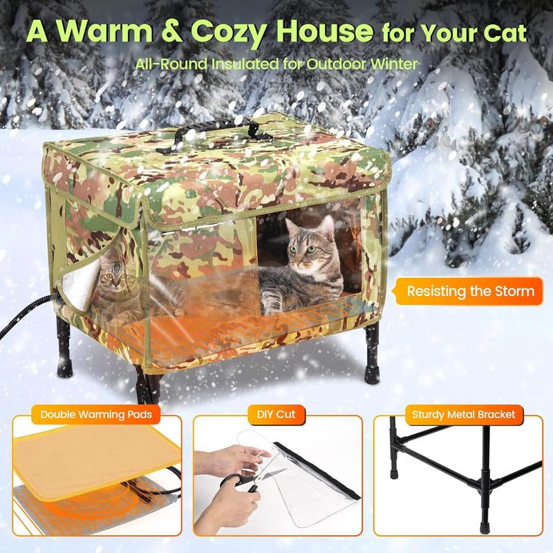 Heated Cat House for Outdoor Cats, 2 in 1 Waterproof for Winter& Summer Season, Safe Escape Door, Fully Insulated & Elevated outside Feral Heated Cat House Shelter for Stray Barn Cat Animal with Bowls,Cat Shelter