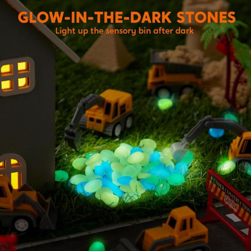 DIY Construction Sensory Bin for Kids with Glow in the Dark Stones and 5 Engineering Vehicles, Sandbox with Lid Castle Building Kit, Preschool Learning Activities, Christmas Gifts for Boys and Girls#Playdoh, #Diytoys, #Fashionkit, #Creativeplay