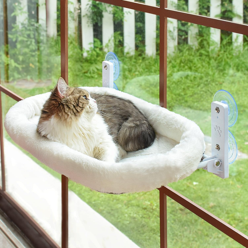 AMOSIJOY Cordless Cat Window Perch, Cat Hammock for Window with 4 Strong Suction Cups, Solid Metal Frame and Soft Cover, Foldable Cat Beds for Indoor Cats…