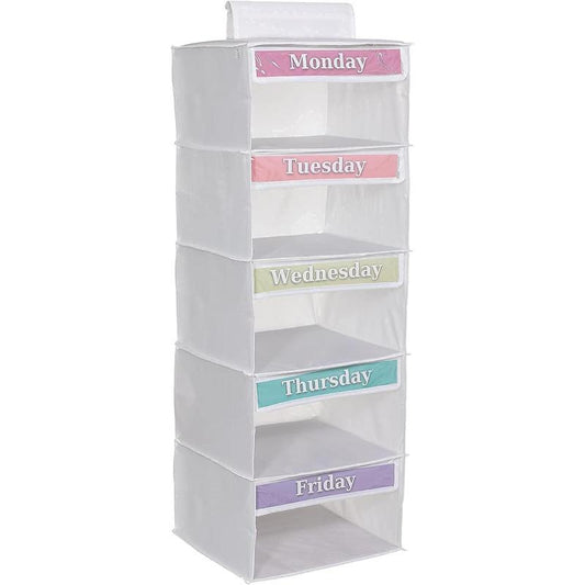 5-Shelf Weekly Clothes Organizer for , 33-Inch Hanging Closet Storage Unit for School Outfits, Monday through Friday Daily Clothing Divider for Boys and Girls