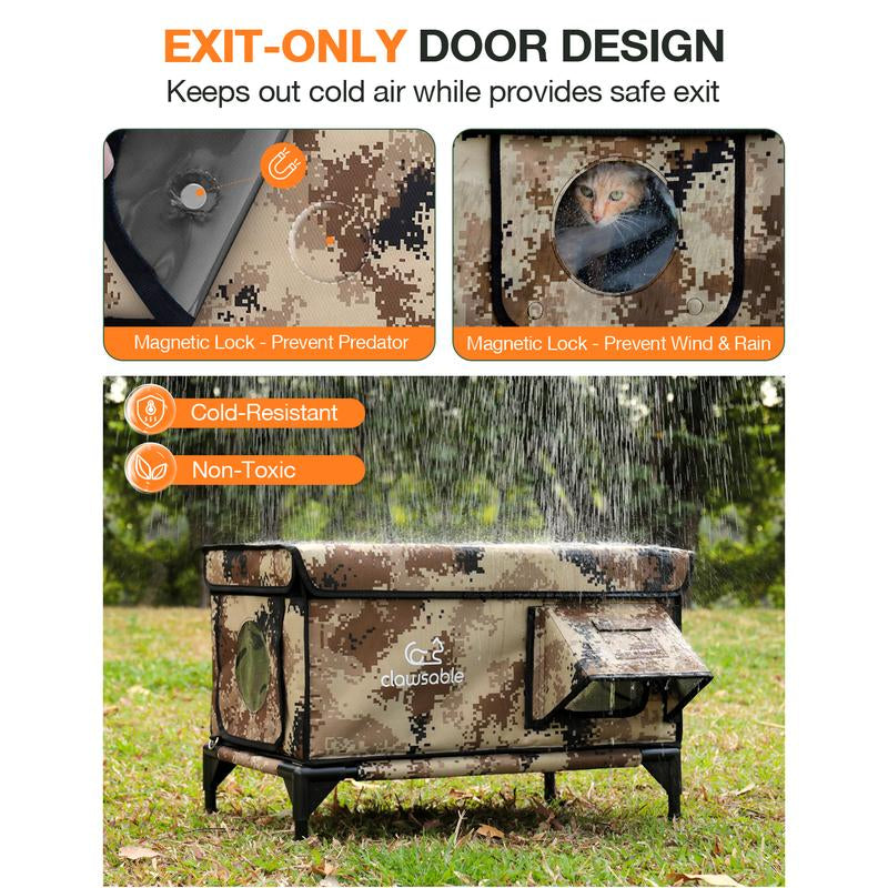 Clawsable Indestructible Heated Cat House for outside Cats Winter, 100% Weatherproof, Safe Escape Door, Insulated Outdoor Cat Shelter with Heater for Feral Barn Cat Kitty