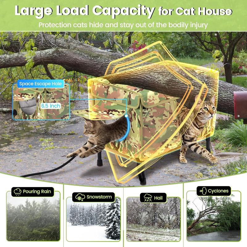 Heated Cat House for Outdoor Cats, 2 in 1 Waterproof for Winter& Summer Season, Safe Escape Door, Fully Insulated & Elevated outside Feral Heated Cat House Shelter for Stray Barn Cat Animal with Bowls,Cat Shelter