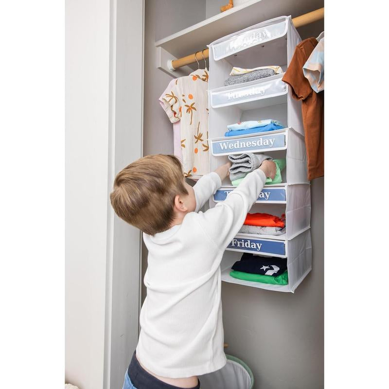 5-Shelf Weekly Clothes Organizer for , 33-Inch Hanging Closet Storage Unit for School Outfits, Monday through Friday Daily Clothing Divider for Boys and Girls