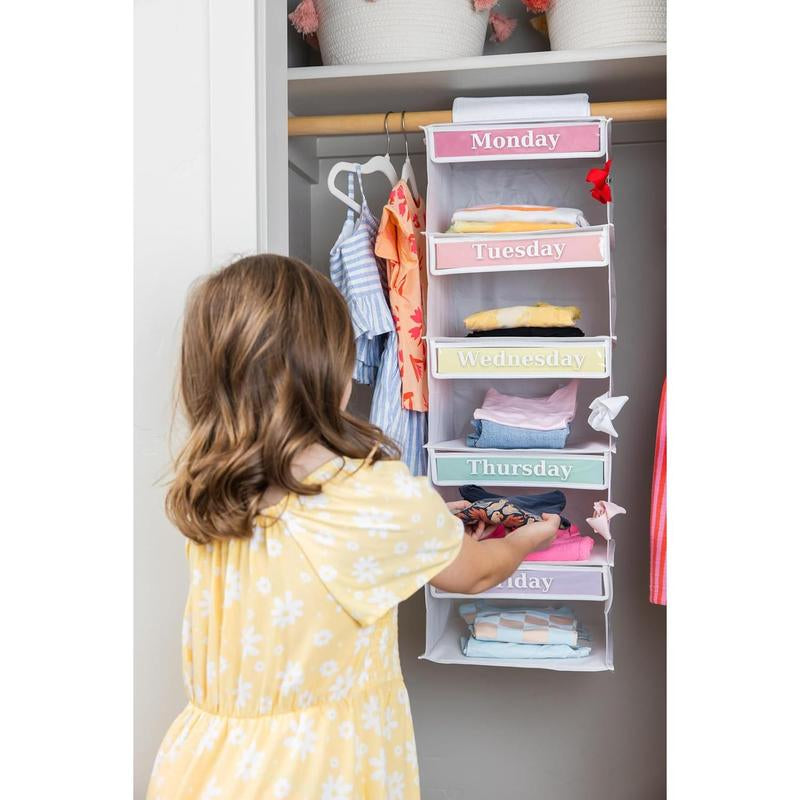 5-Shelf Weekly Clothes Organizer for , 33-Inch Hanging Closet Storage Unit for School Outfits, Monday through Friday Daily Clothing Divider for Boys and Girls