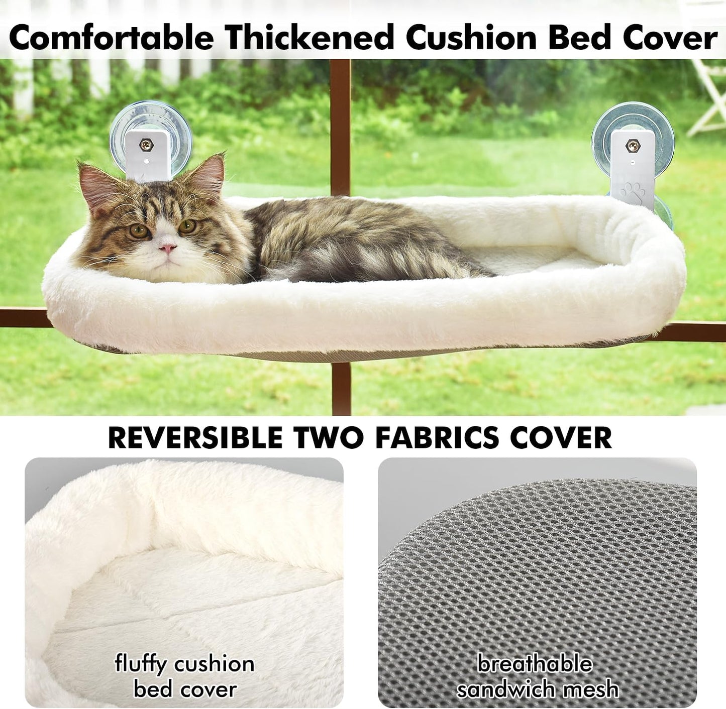 AMOSIJOY Cordless Cat Window Perch, Cat Hammock for Window with 4 Strong Suction Cups, Solid Metal Frame and Soft Cover, Foldable Cat Beds for Indoor Cats…