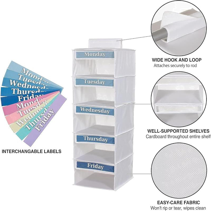 5-Shelf Weekly Clothes Organizer for , 33-Inch Hanging Closet Storage Unit for School Outfits, Monday through Friday Daily Clothing Divider for Boys and Girls