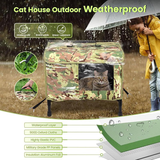 Heated Cat House for Outdoor Cats, 2 in 1 Waterproof for Winter& Summer Season, Safe Escape Door, Fully Insulated & Elevated outside Feral Heated Cat House Shelter for Stray Barn Cat Animal with Bowls,Cat Shelter