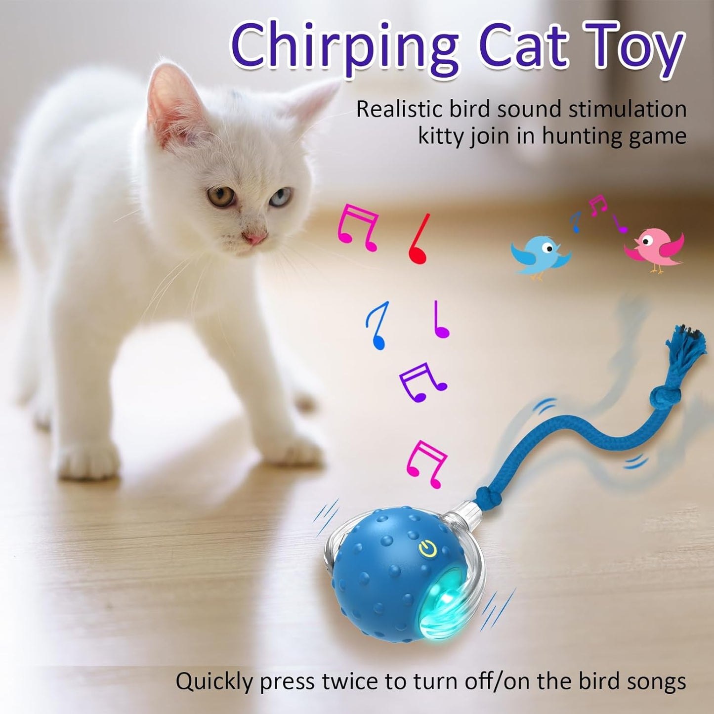 Interactive Cat Toy Ball for Indoor Cats - Fast Rolling, Chirping & Motion-Activated (Blue)