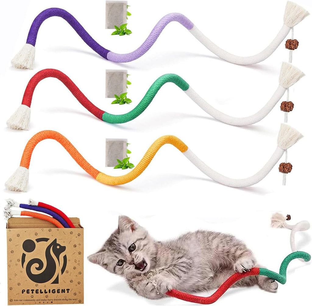 Petelligent 3-Pack Bent Cat Rope Toy, Pet Chew Toys, Interactive Tease Toys for Cats and Kittens, Bite-Proof Playthings, Cotton Rope Kitten Toys for Dental Care and Stress Relief, Pet Supplies