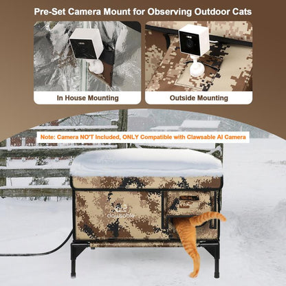 Clawsable Indestructible Heated Cat House for outside Cats Winter, 100% Weatherproof, Safe Escape Door, Insulated Outdoor Cat Shelter with Heater for Feral Barn Cat Kitty