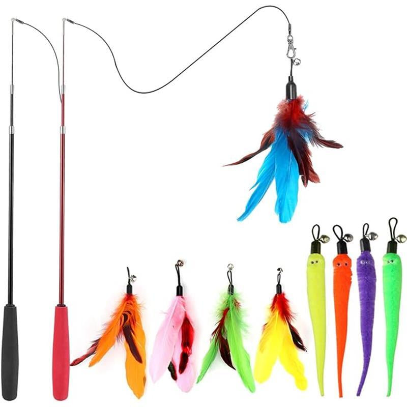 Interactive Feather Cat Toys Refills for Indoor Cats with 2 Cat Wands, 9 Feather Worms, and 2 Extra Strings