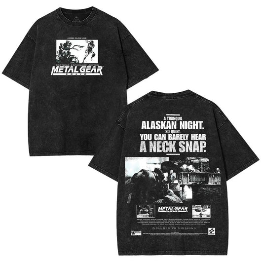 Metal Gear Solid Alaskan Night Snake Washed Tshirt 2 Sided Cotton Graphic Tees Game Movie Menswear Vintage Retro Gaming Black Streetwear Top Shirt
