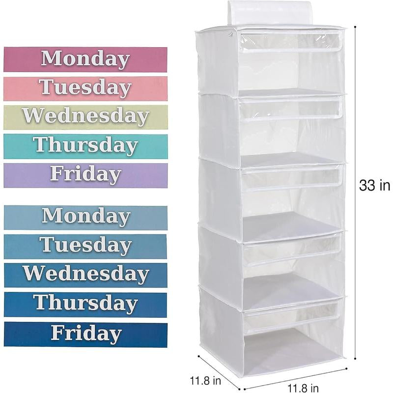 5-Shelf Weekly Clothes Organizer for , 33-Inch Hanging Closet Storage Unit for School Outfits, Monday through Friday Daily Clothing Divider for Boys and Girls