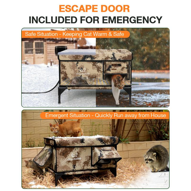 Clawsable Indestructible Heated Cat House for outside Cats Winter, 100% Weatherproof, Safe Escape Door, Insulated Outdoor Cat Shelter with Heater for Feral Barn Cat Kitty