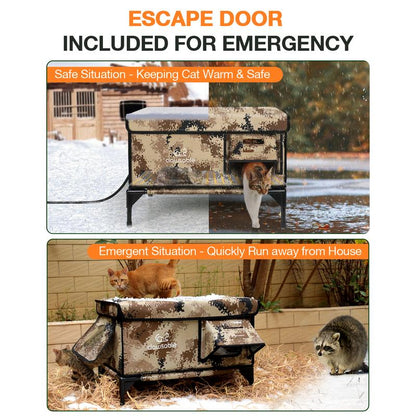 Clawsable Indestructible Heated Cat House for outside Cats Winter, 100% Weatherproof, Safe Escape Door, Insulated Outdoor Cat Shelter with Heater for Feral Barn Cat Kitty