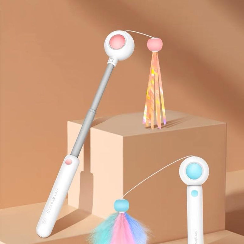 3 in 1 Laser Pointer Cat Teaser Catnip Holder Expandable 3.2” Rope Feathered/Ribbon Head